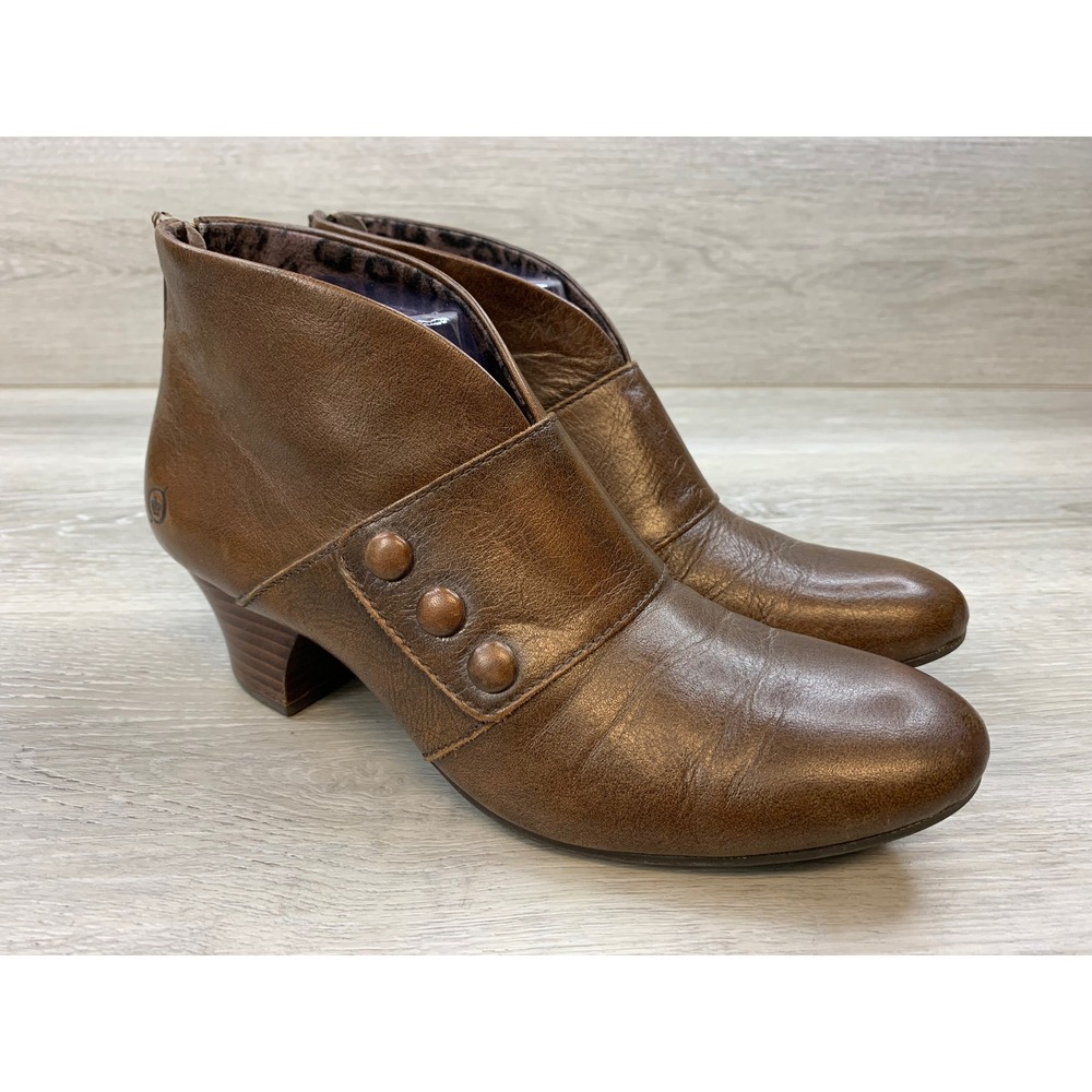 Born Women's Brown Leather Ankle Boots Button Detail Block Heel 8 Comfort Shoes